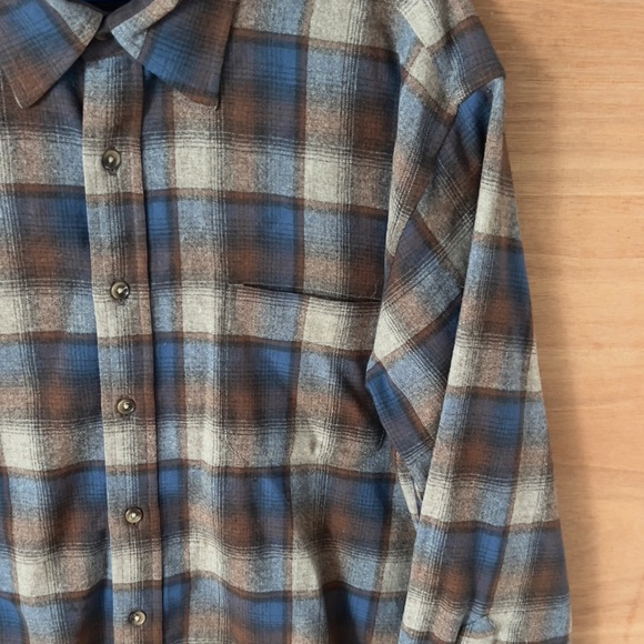 Pendleton wool  flanel plaid Lodge Shirt men's L large brown blue tan button up - Picture 5 of 10